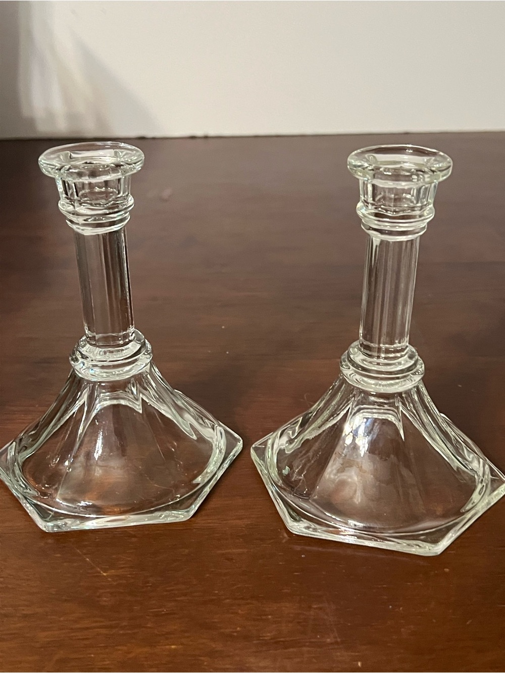Homco Clear Glass Hexagonal Base Candlestick Holders - Set of 2
